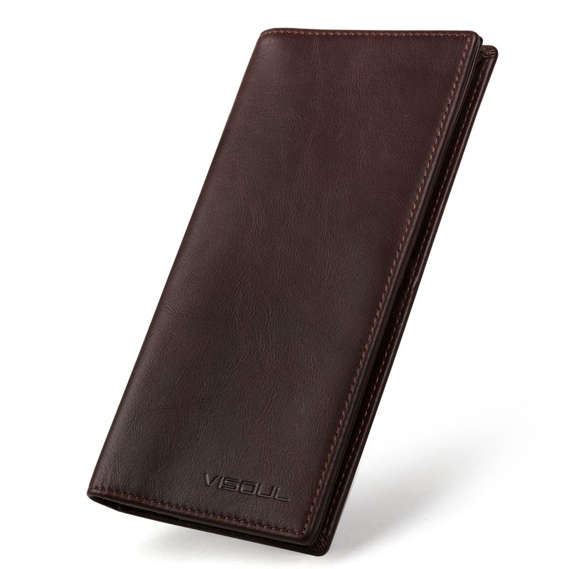 VISOUL Leather Checkbook Cover Wallet for Men with RFID Blocking, Mens Long Bifold Cash Tall Wallet with 11 Credit Card Slots 1 ID Window (Coffee) - Image 1
